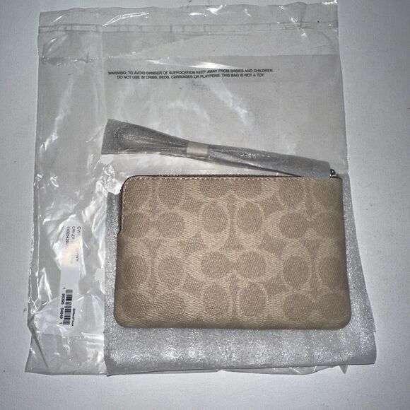 Coach Corner Zip Wristlet in Signature Canvas with Stripe Silver Sand Taupe - Picture 5 of 7